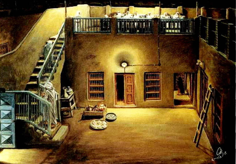 لوحة توضح الحوش والليوان في البيت الكويتي القديم (أ .ح ))