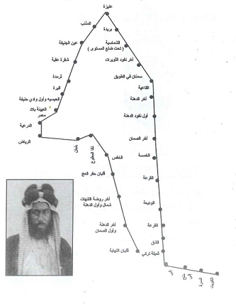 خط رحلة خان بهادر عبدالله عبدالإله القناعي من الكويت إلى نجد والرياض ثم العودة عام 1917 م