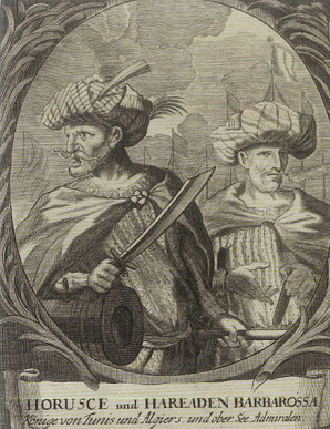 رسم هولندي تخيلي من القرن 17 م للأخوين عروج (يسار) وخير الدين ( يمين )