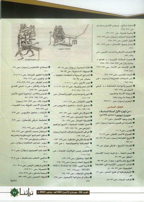 عناوين مجلة المقتطف من الجزء الأول إلى الثاني عشر لعام 1877 م - مجلة تراثنا - العدد 84 -يناير 2023 (ص1)