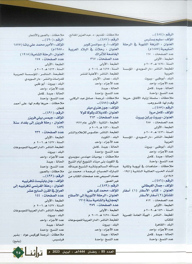 فهرس كتب الرحلات في مركز المخطوطات والتراث والوثائق ، الحلقة 34 / مجلة تراثنا - العدد 85 ص 1 ابريل 2023