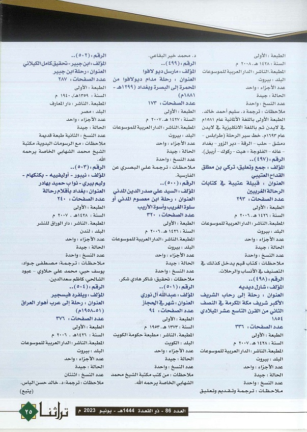 فهرس كتب الرحلات في مركز المخطوطات والتراث والوثائق (الحلقة 35) مجلة تراثنا - العدد 86 يونيو 2023