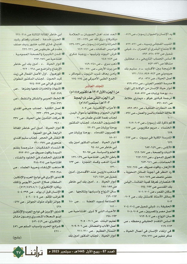 تابع / فهرست عناوين مجلة المقتطف -المجلد الأول ط2 (الجزء الأول -الجزء12) عام 1877 - مجلة تراثنا -العدد 87 سبتمبر 2023 من ص(26-27)