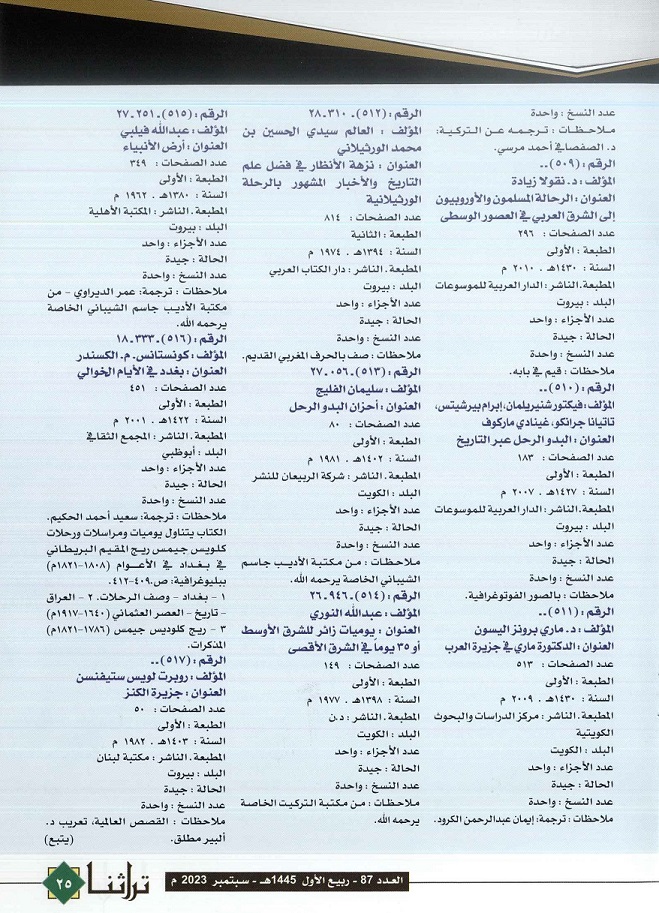 فهرس كتب الرحلات الموجودة في مركز المخطوطات والتراث والوثائق - مجلة تراثنا - العدد87 - سبتمبر 2023 ، من ص (24-25)