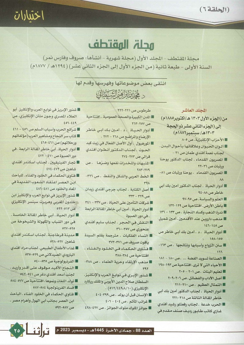 عناوين مفهرسة لمجلة المقتطف المصرية النادرة - مجلة تراثنا - العدد 88 ديسمبر 2023 ، من (ص 25-27).