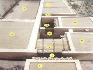 صورة توضح حجرة النبي عليه الصلاة والسلام ,الى شمالها حجة السيدة فاطمة ، وباقي الحجرات في الجهة الشرقية والشمالية ، ( من كتاب جولة داخل متحف دار المدينة المنورة للتراث) للدكتور عبدالعزيز بن عبدالرحمن كعكي
