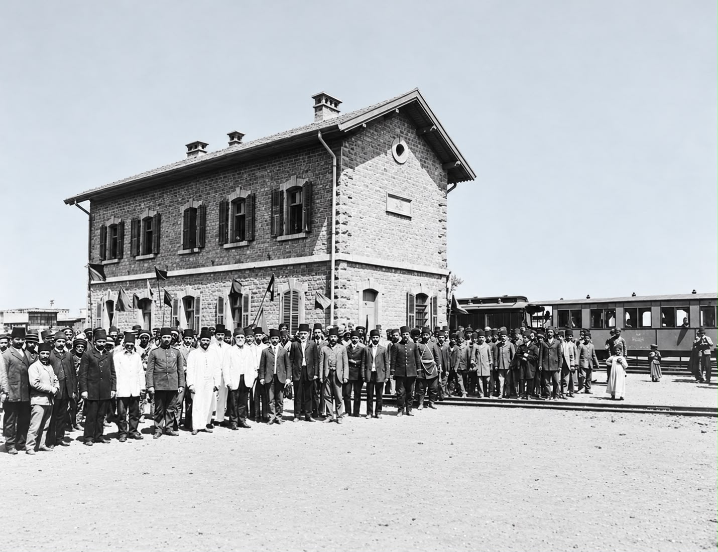 افتتاح محطة سكة حديد الحجاز في درعا عام 1908 " محسنة بالذكاء الاصطناعي"